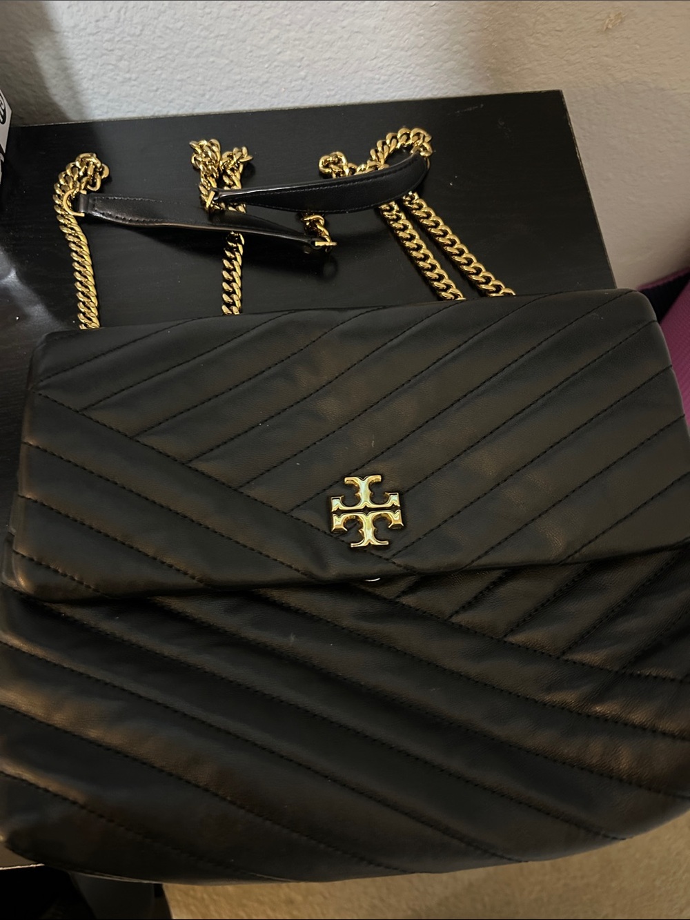 Tory Burch Black Quilted Shoulder Bag with Gold Logo and Chain